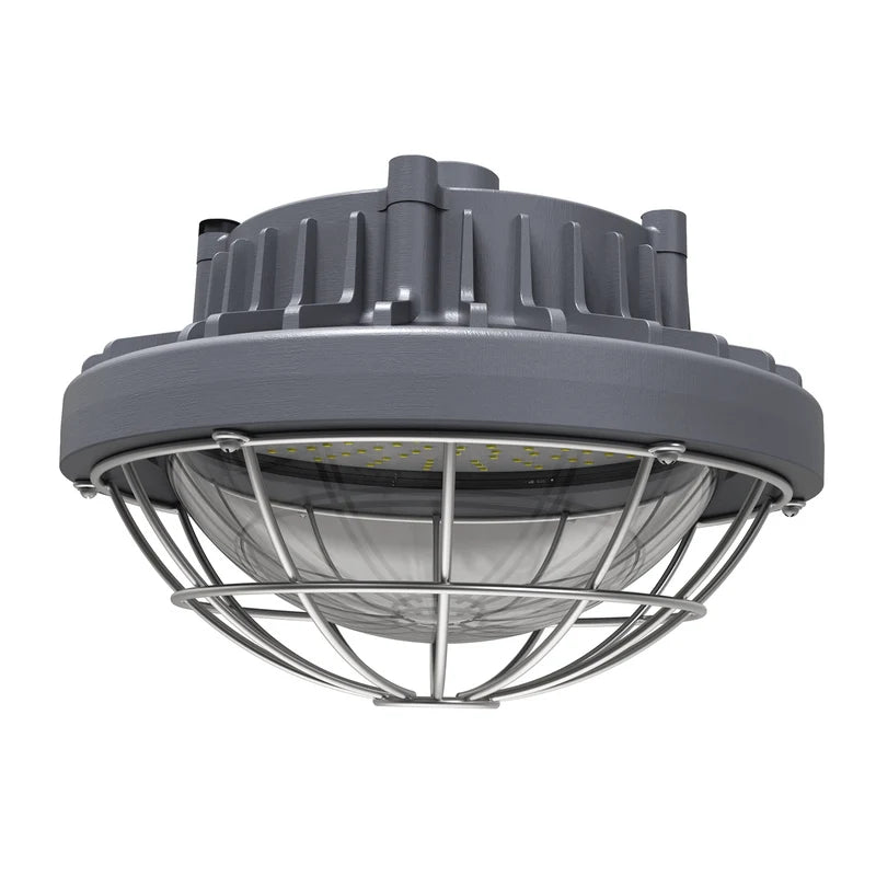 Round 80W explosion proof LED low bay with gray heat sink, clear domed lens, and metal wire guard