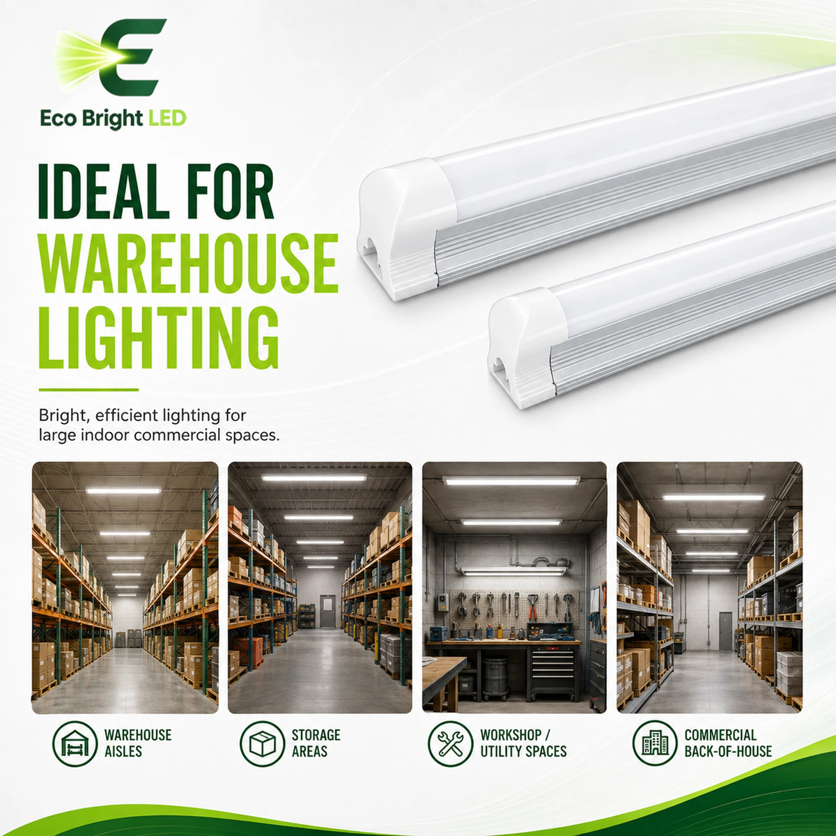 8FT 60W Integrated LED Tube Light for shown in recommended commercial applications for efficient, reliable illumination.