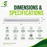 Dimensions and specifications for 8FT 60W Integrated LED Tube Light for, including measurements and performance data.