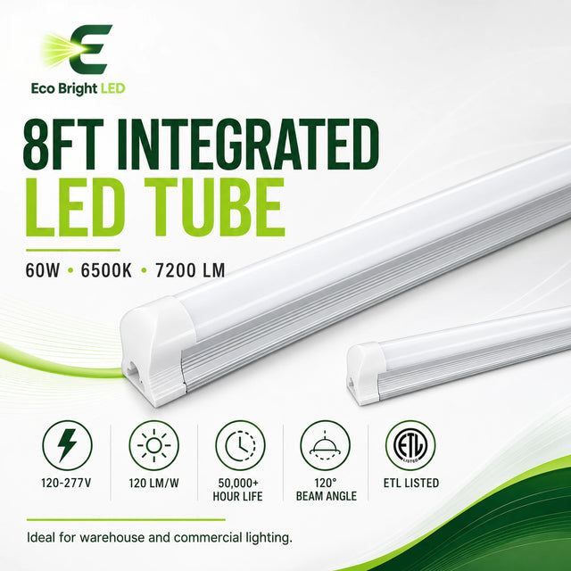 8FT 60W Integrated LED Tube Light for product overview with key specifications for commercial lighting applications.