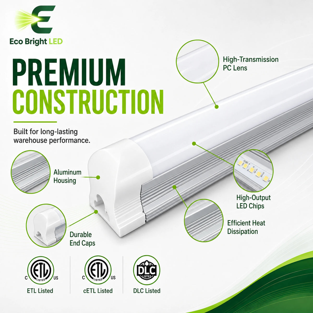 Housing, lens and construction details of 8FT 60W Integrated LED Tube Light for Warehouse for durable commercial use.
