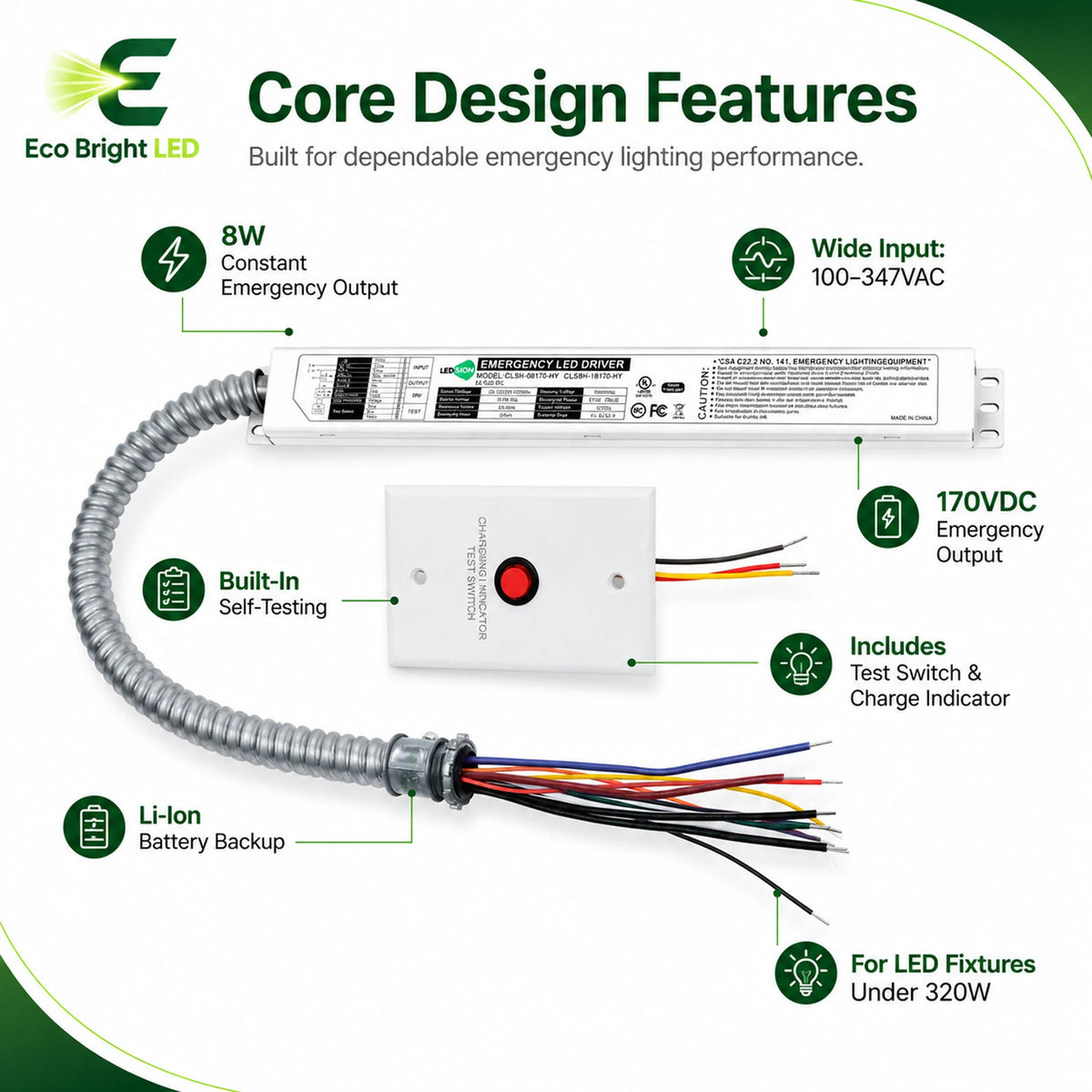 Key performance and design features of 8W LED Emergency Backup Driver for Commercial for commercial lighting projects.