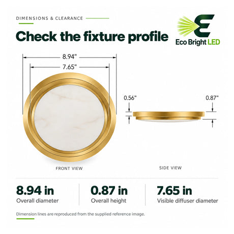 Gold alabaster LED ceiling light shown in front and side views with an 8.94-inch diameter and 0.87-inch height