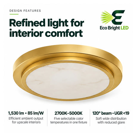 9-inch gold alabaster LED dimmable flush mount ceiling light for retail and commercial interiors