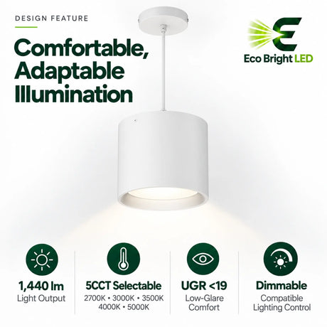 White 9 inch 18W LED cylinder downlight with selectable 5CCT, low-glare design, and dimmable lighting control