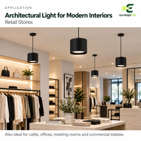 9 inch black LED cylinder downlights illuminating a modern retail store with clothing racks and display shelves