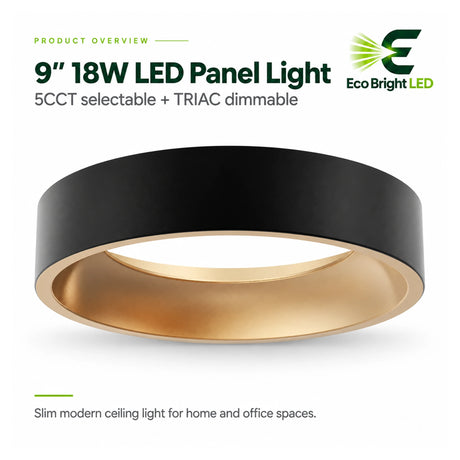 9-inch ultra-slim round black and gold 18W LED panel light with 5CCT selection and TRIAC dimming