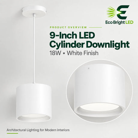 White 9-inch 18W LED cylinder downlight with ceiling stem and close-up of rounded shade for interiors