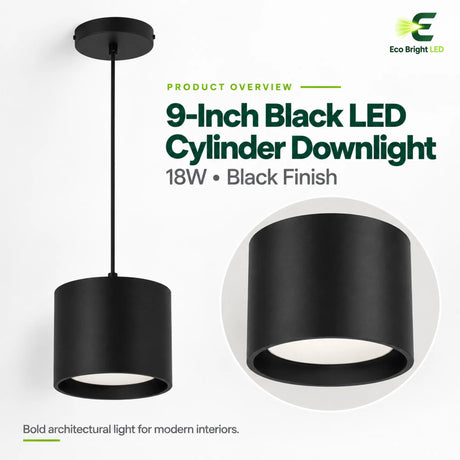 9-inch black 18W LED cylinder downlight with suspended rod, ceiling canopy, and close-up front view