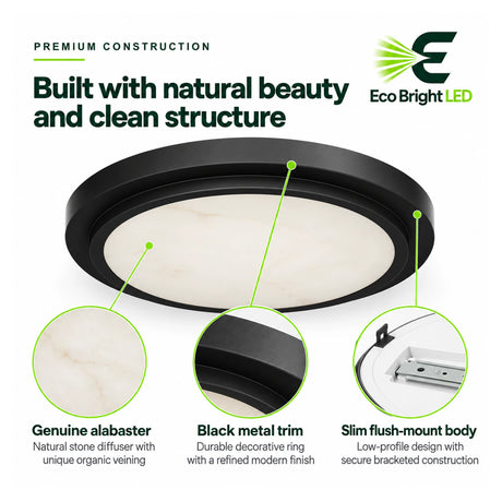 Black 9-inch LED flush mount ceiling light with a genuine alabaster diffuser, black metal trim, and slim low-profile...