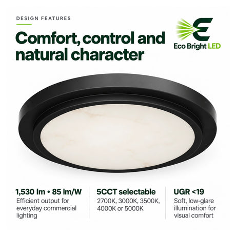 Black 9-inch alabaster LED flush mount ceiling light with selectable 5CCT and low-glare diffuser