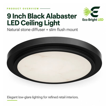 Black 9-inch alabaster LED flush mount ceiling light with a slim round profile for low-glare retail interiors