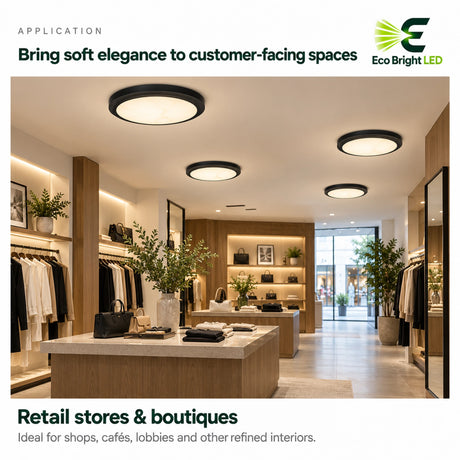 9-inch black alabaster LED flush mount ceiling lights illuminating a modern retail boutique interior