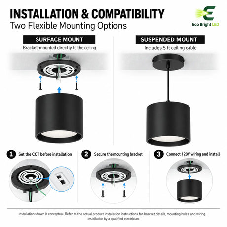 Black cylinder downlight shown with surface mount and suspended mount installation options