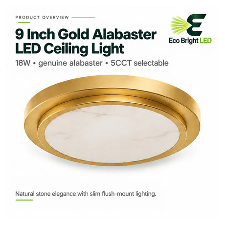 9-inch gold alabaster LED flush-mount ceiling light with a slim round profile and selectable 5CCT lighting