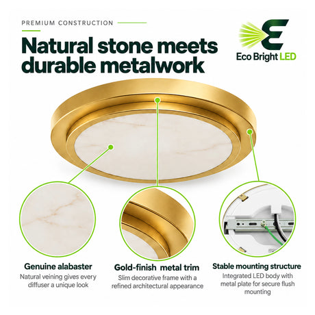 9-inch round gold ceiling light with genuine alabaster diffuser, slim metal trim, and integrated LED flush mount design