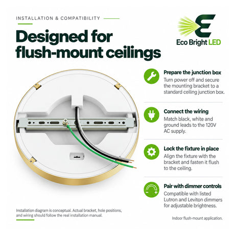 Installation diagram for a 9-inch gold alabaster LED flush-mount ceiling light with wiring and dimmer compatibility