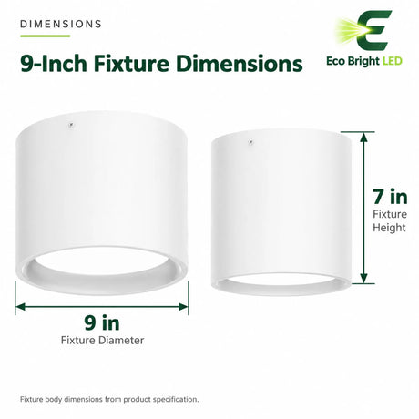 White 9-inch LED cylinder downlight dimension graphic showing 9 in diameter and 7 in fixture height