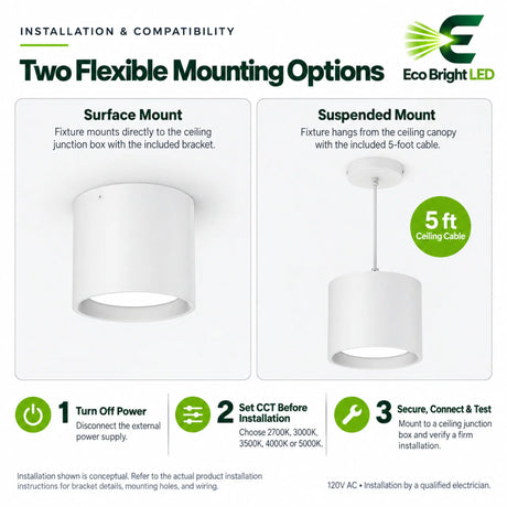 White 9-inch LED cylinder downlight shown with surface and suspended mounting options plus 5 ft ceiling cable