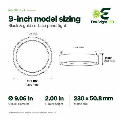 Round black and gold surface LED panel light with a 9.06-inch diameter and 2-inch fixture height
