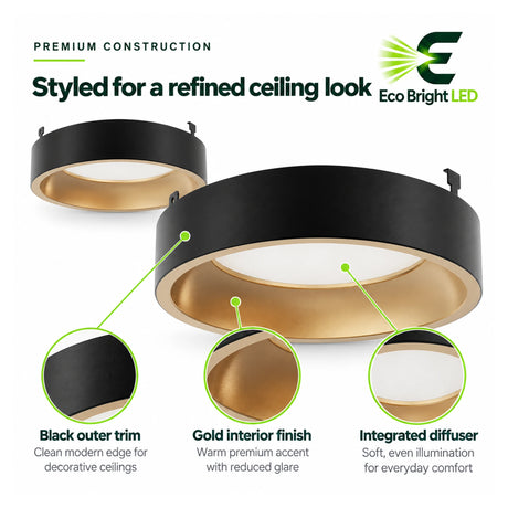 Round 9-inch ultra-slim LED ceiling light with black outer trim, gold interior finish, and integrated diffuser