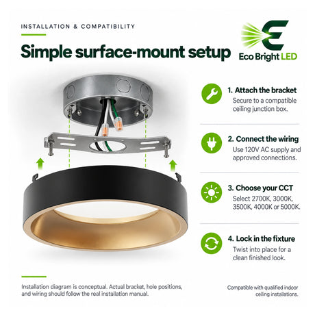 9-inch round LED panel light with surface-mount bracket, wiring guide, and five selectable color temperatures