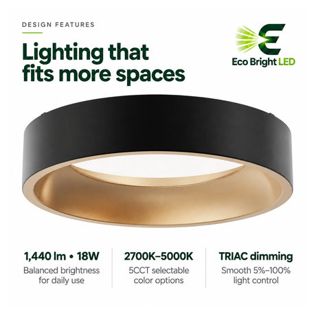 Round 9-inch ultra-slim LED ceiling light with black and gold finish, 5CCT selectable color temperatures and TRIAC di...