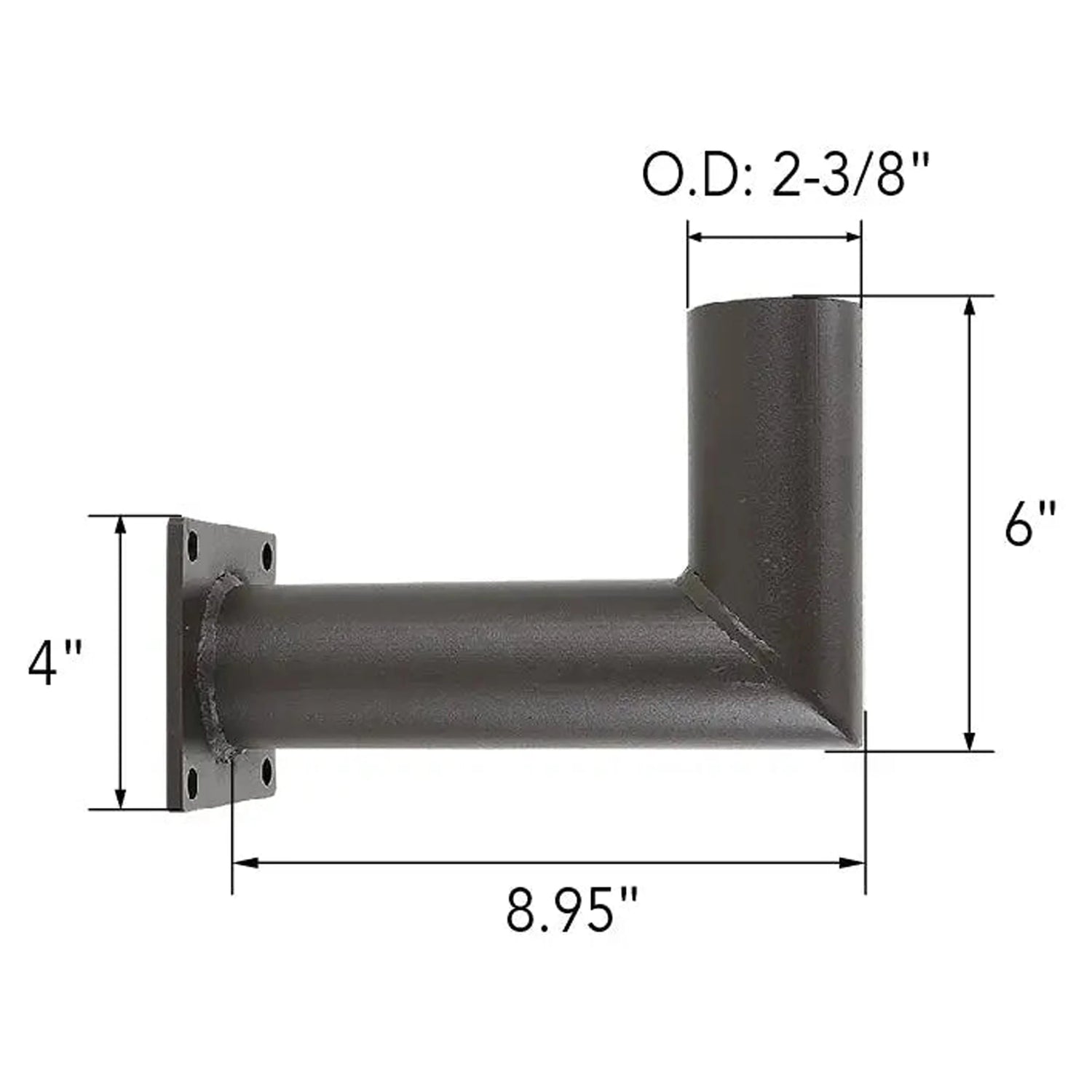Dimensions of 90-degree wall mount bracket: 8.95 in length, 6 in height, 2-3/8 in OD tenon, 4 in mounting plate