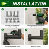 Black 90-degree wall mount bracket with 2-3/8 inch tenon, shown with bolts and installation steps for area lights