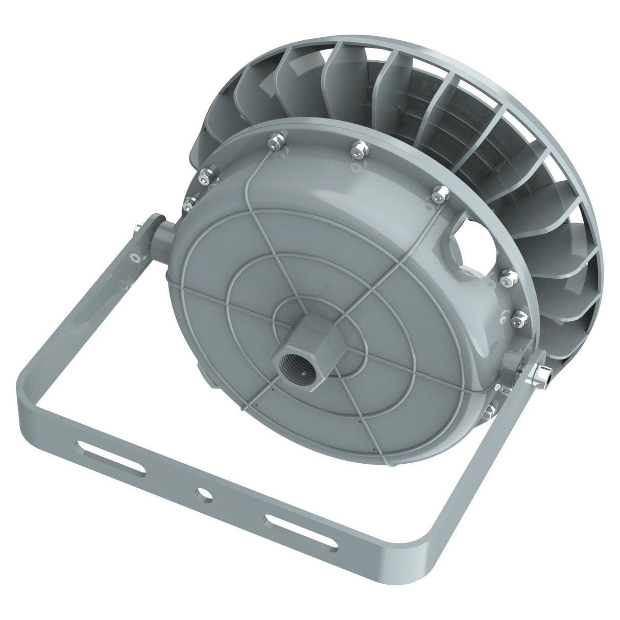 Side profile of 80W C1D2 round high bay explosion proof light with a heavy-duty adjustable mounting bracket.