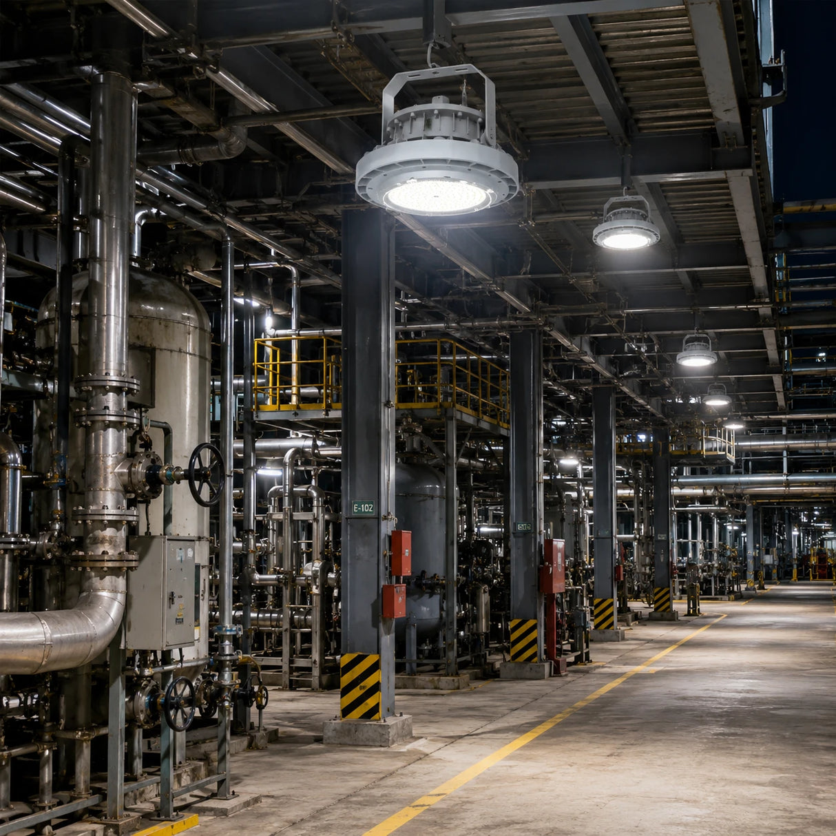 C1D1 explosion proof LED high bay 100W in petrochemical plant with pipes and hazard barriers, 14000lm IP66