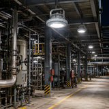 C1D1 explosion proof LED high bay 100W in petrochemical plant with pipes and hazard barriers, 14000lm IP66