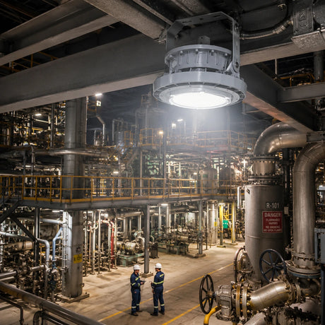 C1D1 explosion proof LED high bay 150W in petrochemical refinery, workers in hazardous zone with flammable vapor warning, 21000lm