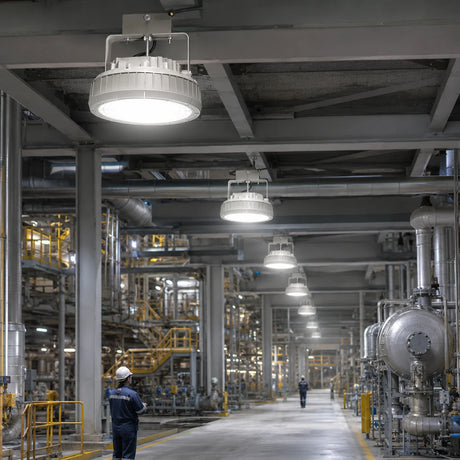 C1D1 explosion proof LED high bay 250W in petrochemical plant with pressure vessels and workers, 35000lm IP66