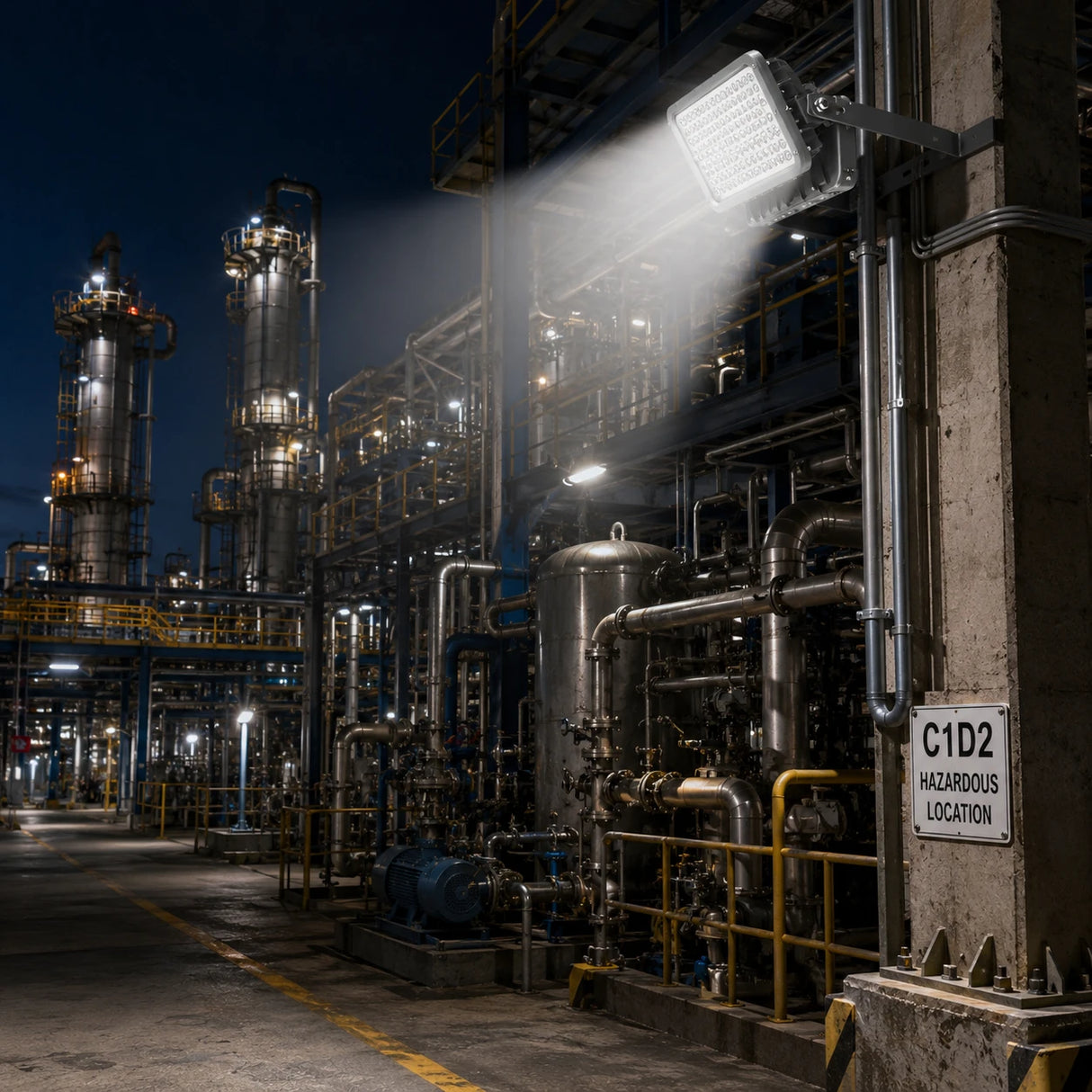 C1D2 explosion proof square flood light 200W wall-mounted at night petrochemical refinery with pipes, towers and hazardous location sign, 28000lm