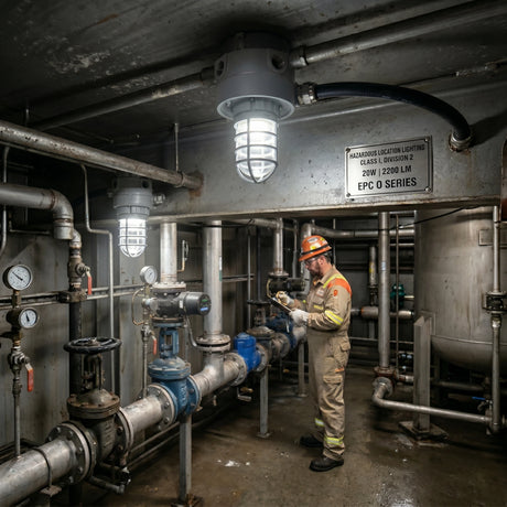 C1D2 explosion proof jelly jar light 20W ceiling-mounted in underground pump room with worker inspecting valves and gauges, 2200lm