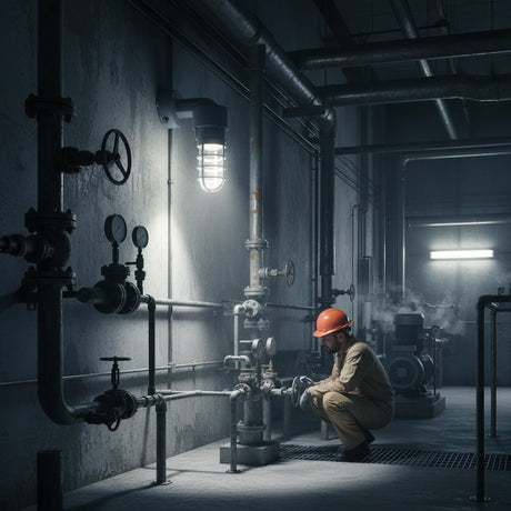 C1D2 explosion proof jelly jar LED 20W wall-mounted in chemical plant pump room, worker inspecting valves and gauges, 2000lm 5000K