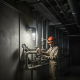 C1D2 explosion proof jelly jar LED 27W wall-mounted in underground pump room, worker inspecting valves and gauges, 2700lm 5000K