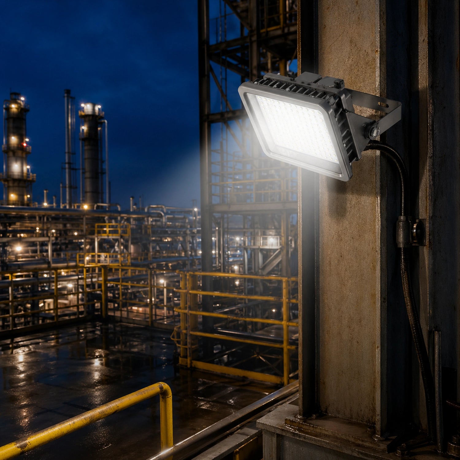 Explosion proof LED flood light installed in industrial plant, illuminating hazardous environment such as petrochemical and chemical facilities safely and efficiently