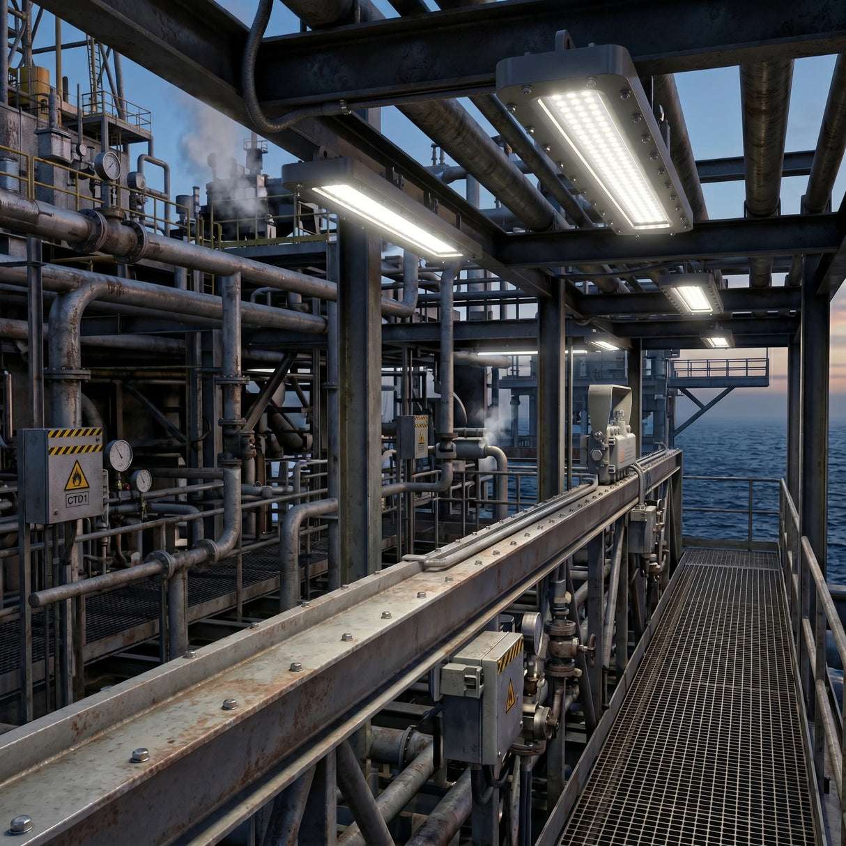 Offshore platform walkway at twilight. Overhead explosion-proof LED lights illuminate pipes, gauges, and grated metal structures. Grating pathway leads to ocean horizon.