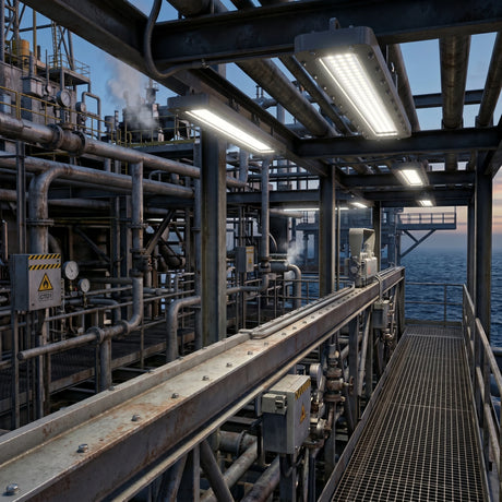 Offshore platform walkway at twilight. Overhead explosion-proof LED lights illuminate pipes, gauges, and grated metal structures. Grating pathway leads to ocean horizon.
