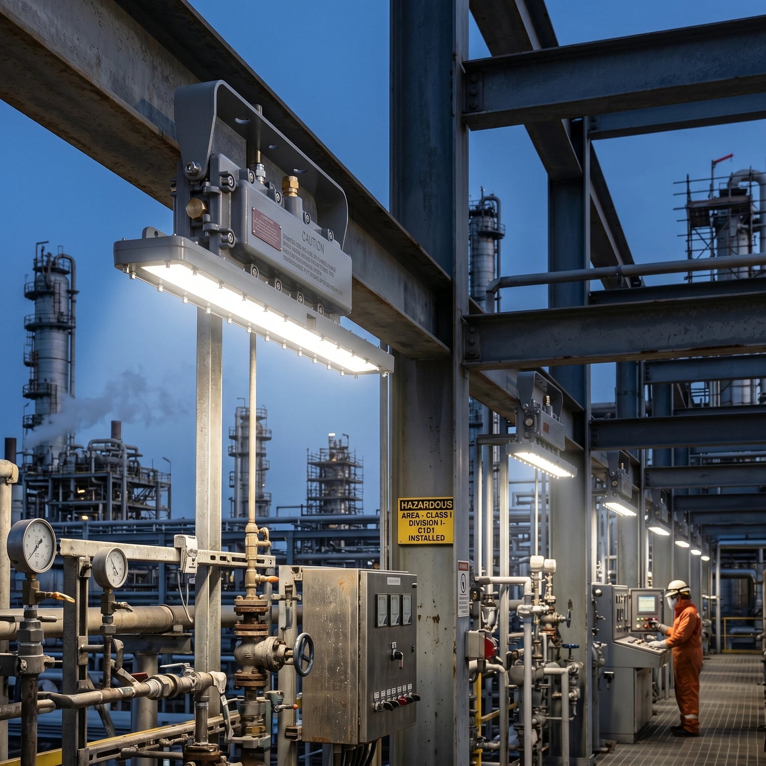 Illuminated linear C1D1 explosion-proof LED fixture with legible caution label, in a dusk refinery. Receding identical lights create a glowing corridor through intricate pipes, with refinery towers and a PPE-clad operator visible.