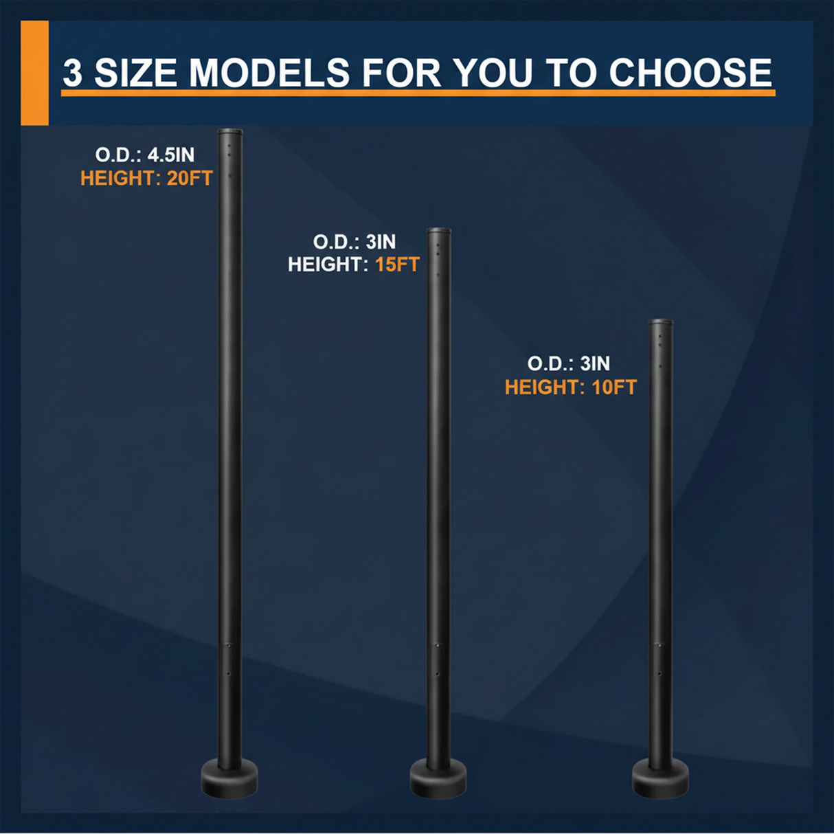 Round steel light pole size comparison: 4.5in OD 20ft, 3in OD 15ft, and 3in OD 10ft models for outdoor lighting