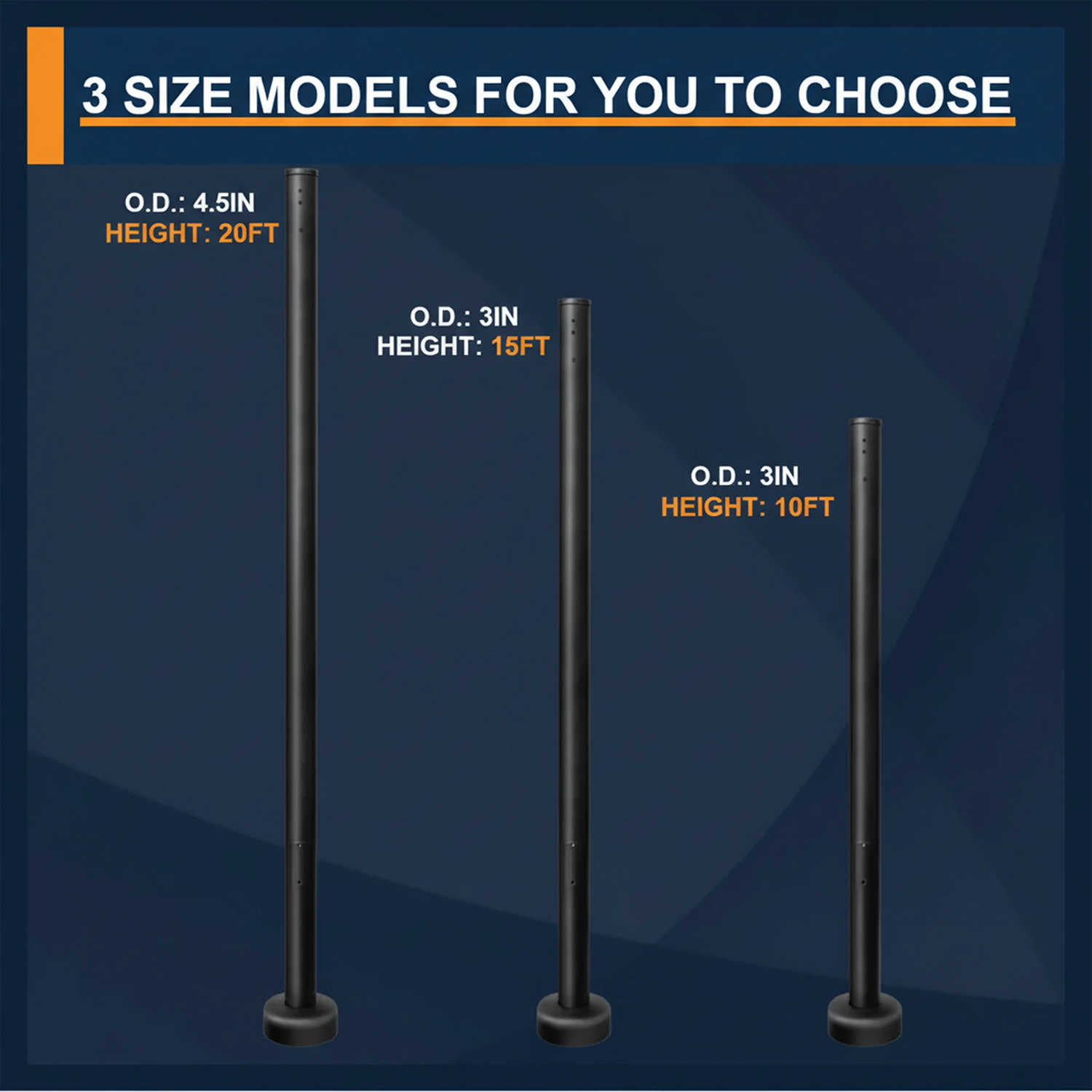 Square steel light pole size comparison: 5x5in 30ft, 4x4in 25ft, and 4x4in 20ft models for outdoor lighting