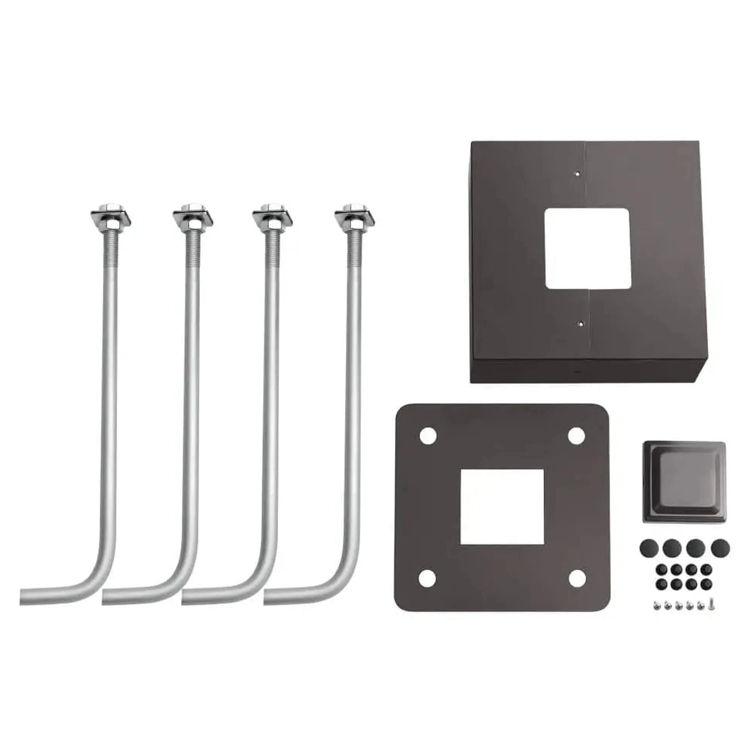 Square steel light pole accessories kit: 4 galvanized anchor bolts, base cover, mounting plate, pole cap and plugs