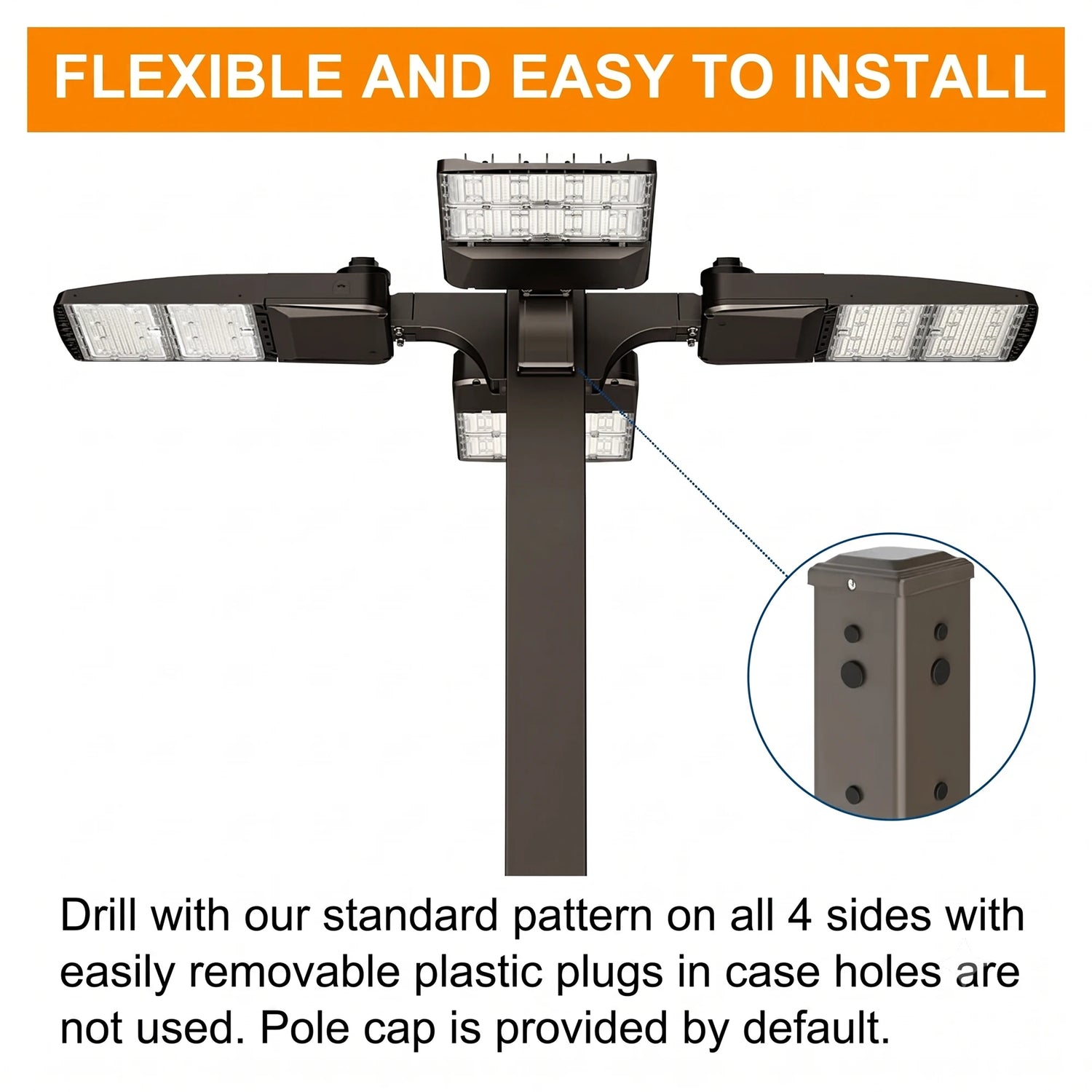 Square steel light pole with flexible drill pattern on all 4 sides for area light and parking lot light mounting