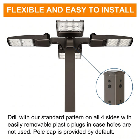 Square steel light pole with flexible drill pattern on all 4 sides for area light and parking lot light mounting