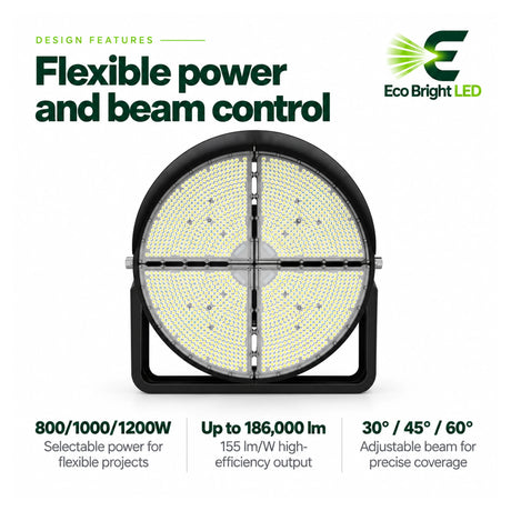 Front view of a round LED stadium light with selectable 800, 1000, and 1200W power settings