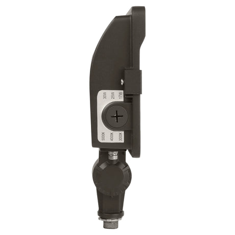 Black LED flood light with adjustable wattage and CCT selector on a knuckle mount