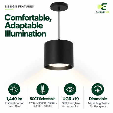 Black 9 inch 18W LED cylinder downlight with 5CCT selectable color, low-glare UGR under 19, and dimmable control
